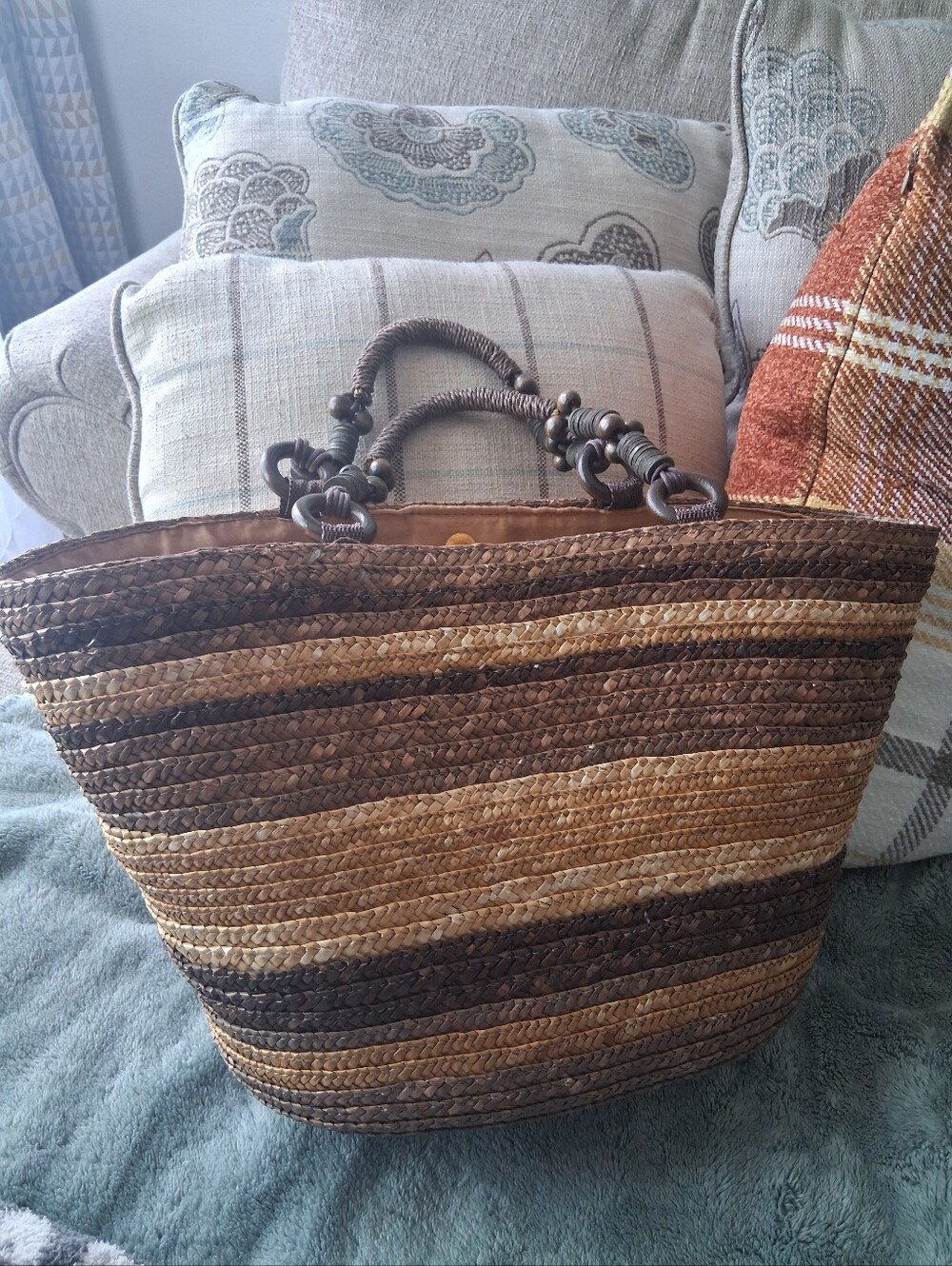 Woven Straw Tote Bag in Brown & Tan